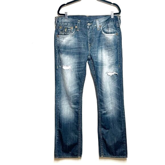 True Religion Mens Straight Leg Vintage Distressed Flap Pocket Jeans Sz 34/34 - Picture 1 of 8